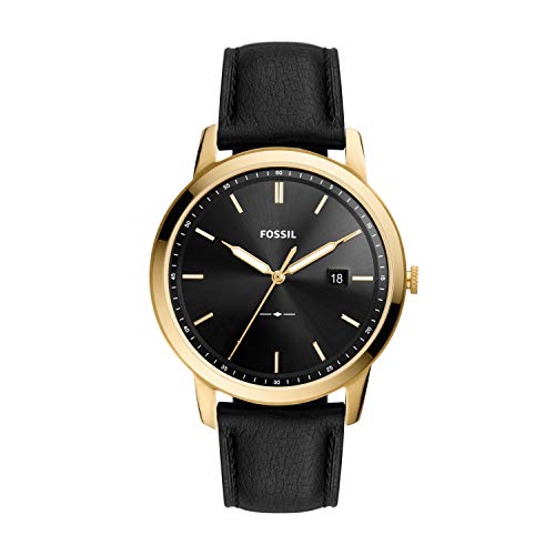 Fossil Men's Minimalist Solar-Powered Stainless Steel and Eco-Leather Watch, Color: Gold, Black (Model: FS5840)
