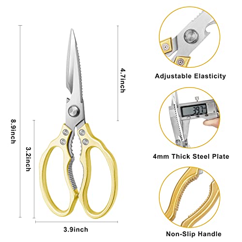 AWinjoy Kitchen Scissors, Heavy Duty Sharp Kitchen Shears Dishwasher Safe ,Gold Kitchen Accessories Cooking Shears for Kitchen Meat Chicken Fish Poultry Herb Bread (Gold)