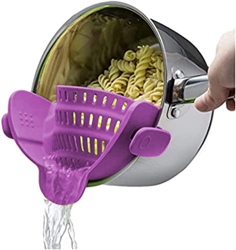 Kitchen Gizmo Snap N Strain Pot Strainer and Pasta Strainer - Adjustable Silicone Clip On Strainer for Pots, Pans, and Bowls - Purple