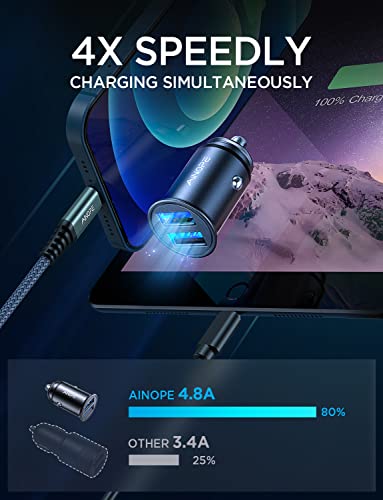 Car Charger, AINOPE Smallest 4.8A All Metal USB Car Charger Fast Charge Car Charger Adapter Flush Fit Compatible with iPhone 13/12/11 pro/XR/x/7/6s, iPad Air 2/Mini 3, Samsung Note 9/S10/S9/S8-Black