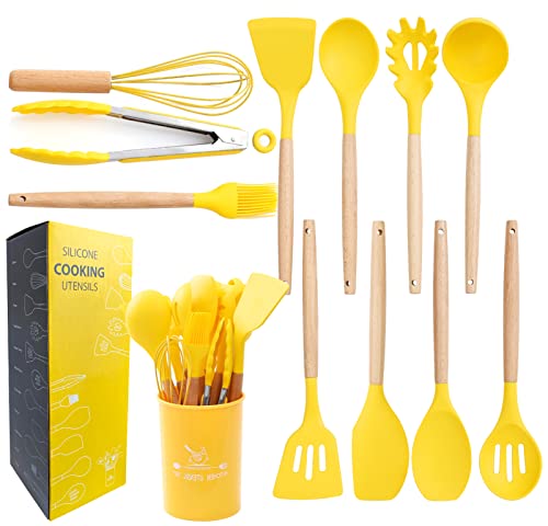 mossFlos Kitchen Cooking Utensils Set, 12 pcs Non-Stick Silicone Cooking Kitchen Utensils with Holder, Heat Resistant Kitchen Gadgets Utensil Set,Yellow