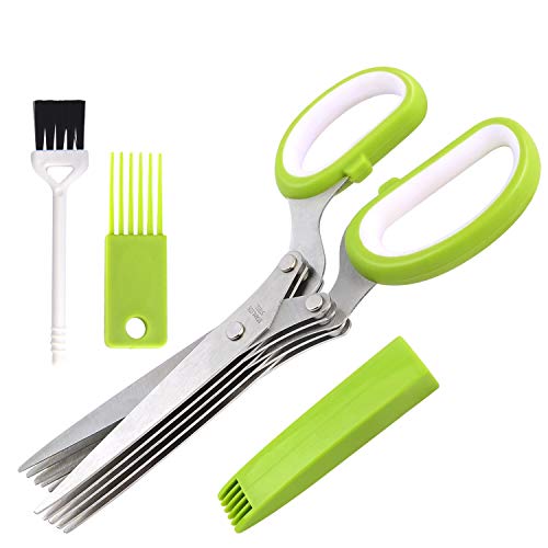 Herb Scissors Set Cool Kitchen Gadgets Gifts Kitchen Shears Scissors with Stainless Steel 5 Blades+Cover+Brush,Rust Proof,Sharp Cutting Garden Herb Garlic Leafy Greens Paper Shredding,Dishwasher Safe