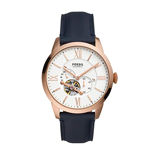 Fossil Men's Townsman Automatic Stainless Steel and Leather Two-Hand Subeye Watch, Color: Rose Gold/Navy (Model: ME3171)