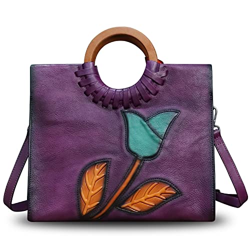 Genuine Leather Top Handle Handbag for Women Vintage Satchel Retro Cowhide Handmade Crossbody Bag Purse (Purple-Embossed)