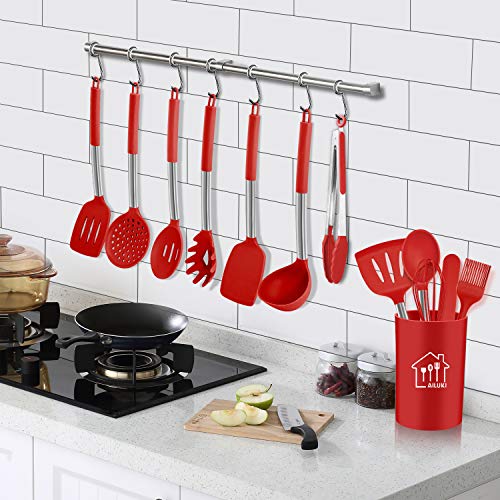 Silicone Cooking Utensil Set,Kitchen Utensils 17 Pcs Cooking Utensils Set,Non-stick Heat Resistant Silicone,Cookware with Stainless Steel Handle - Red