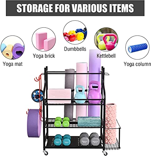 Mythinglogic Yoga Mat Storage Racks,Home Gym Storage Rack for Dumbbells Kettlebells Foam Roller, Yoga Strap and Resistance Bands, Workout Equipment Storage Organizer With Hooks and Wheels
