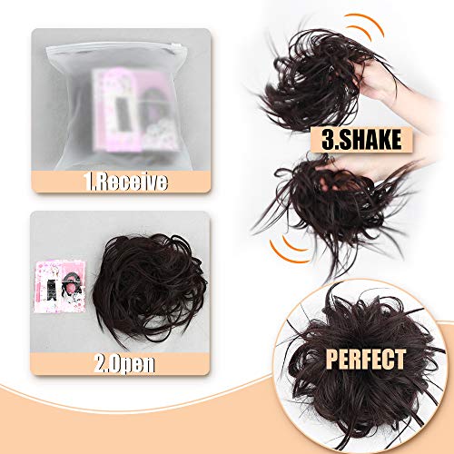 HMD Tousled Updo Messy Bun Hairpiece Hair Extension Ponytail with Elastic Rubber Band Updo Ponytail Hairpiece Synthetic Hair Extensions Scrunchies Ponytail Hairpieces for Women(Tousled Updo Bun, 12H24(light Brown Mix natural Blonde)）