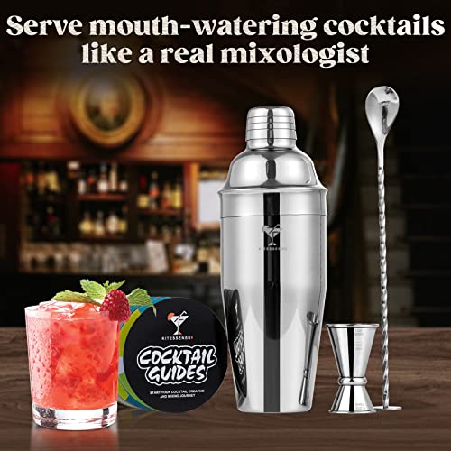 KITESSENSU Cocktail Shaker Set, Stainless Steel Martini Shaker Set with 24 Ounce cocktail mixer with Built in Drink shaker, Measuring Jigger, Bar Spoon & Drink Recipe Guide, Silver