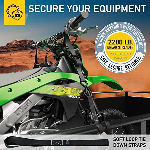 AUGO Ratchet Tie Down Straps –4 PK– 15 FT – 2,200 LB Break Strength – Safety Lock S Hooks –for Moving Cargo, Appliances, Lawn Equipment, Motorcycle – Includes 2 Bungee Cords, 4 Soft Loops, Storage Bag