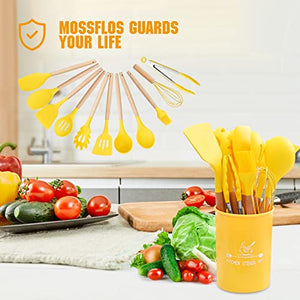 mossFlos Kitchen Cooking Utensils Set, 12 pcs Non-Stick Silicone Cooking Kitchen Utensils with Holder, Heat Resistant Kitchen Gadgets Utensil Set,Yellow