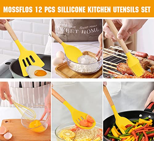 mossFlos Kitchen Cooking Utensils Set, 12 pcs Non-Stick Silicone Cooking Kitchen Utensils with Holder, Heat Resistant Kitchen Gadgets Utensil Set,Yellow