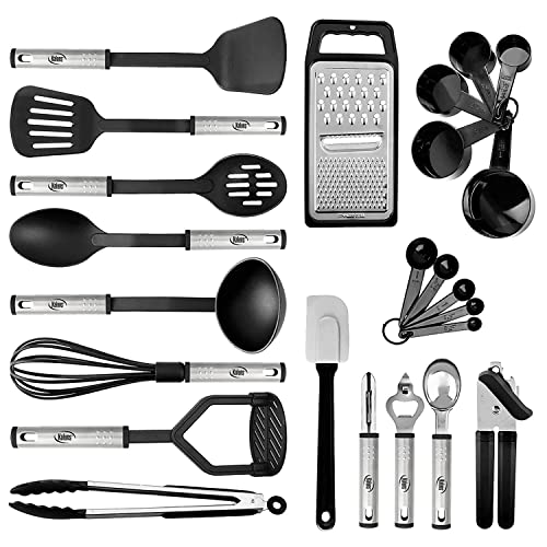 Kitchen Utensils Set 24 Nylon and Stainless Steel Cooking Utensil Set, Non-Stick and Heat Resistant Cooking Utensils Set, Kitchen Tools, Useful Pots and Pans Accessories and Kitchen Gadgets (Black)
