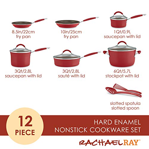 Rachael Ray Cucina Nonstick Cookware Pots and Pans Set, 12 Piece, Cranberry Red