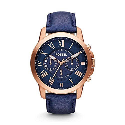 Fossil Men's Grant Quartz Stainless Steel and Leather Chronograph Watch, Color: Rose Gold, Navy (Model: FS4835)
