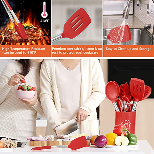 Silicone Cooking Utensil Set,Kitchen Utensils 17 Pcs Cooking Utensils Set,Non-stick Heat Resistant Silicone,Cookware with Stainless Steel Handle - Red