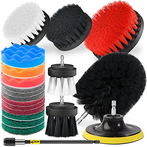 Holikme 20Piece Drill Brush Attachments Set,Black Scrub Pads & Sponge, Power Scrubber Brush with Extend Long Attachment All Purpose Clean for Grout, Tiles, Sinks, Bathtub, Bathroom, Kitchen & Automo