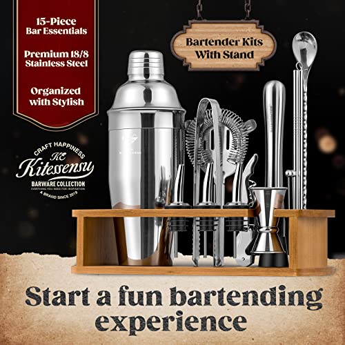 KITESSENSU Cocktail Shaker Set Bartender Kit with Stand | Bar Kit Drink Mixer Set with All Essential Bar Accessory Tools: Martini Shaker, Jigger, Strainer, Mixer Spoon, Muddler, Liquor Pourers |Silver