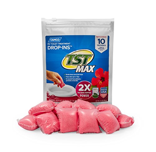 Camco TST MAX RV Toilet Treatment Drop-INs | Control Unwanted Odors and Break Down Waste and Tissue | Septic Tank Safe | Hibiscus Breeze Scent | 10-pack (41603)