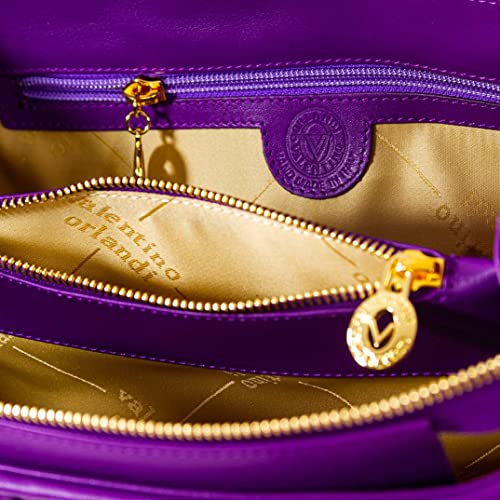 Valentino Orlandi Women’s Large Tote Handbag Italian Designer Shoulder Bag Purse Regal Purple Damask Embroidered Genuine Leather Tote