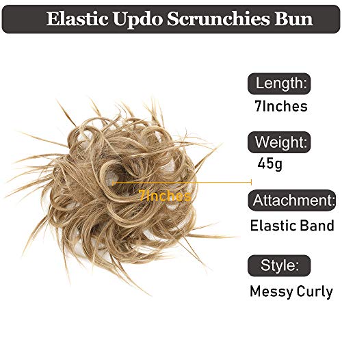 HMD Tousled Updo Messy Bun Hairpiece Hair Extension Ponytail with Elastic Rubber Band Updo Ponytail Hairpiece Synthetic Hair Extensions Scrunchies Ponytail Hairpieces for Women(Tousled Updo Bun, 12H24(light Brown Mix natural Blonde)）