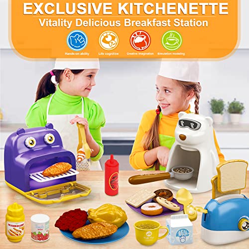 Pretend Play Kitchen Accessories Set Kitchen Toys - Kids Cooking Toys Set, Oven/ Coffee Machine/ Bread Toaster Playset, Fake Play Food Set for Toddlers, Cookware Utensils Learning Gifts for Girls Boys