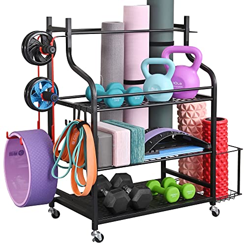 Mythinglogic Yoga Mat Storage Racks,Home Gym Storage Rack for Dumbbells Kettlebells Foam Roller, Yoga Strap and Resistance Bands, Workout Equipment Storage Organizer With Hooks and Wheels
