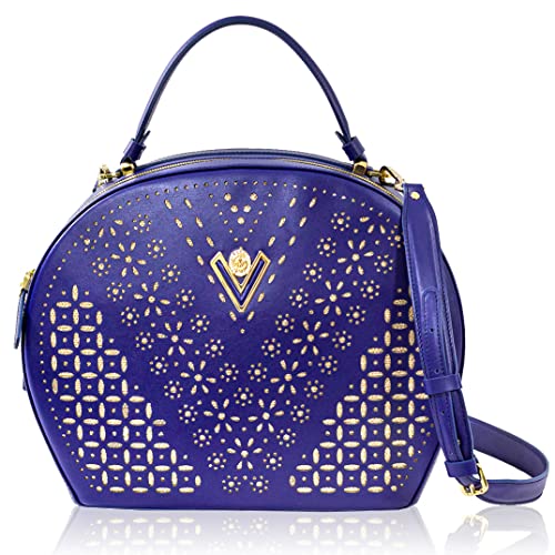 Valentino Orlandi Women's Large Handbag Italian Designer Circle Purse Bowling Bag Top Handle Tanzanite Blue Embroidered Genuine Leather Statement Bag in Laser Cut Gold Design