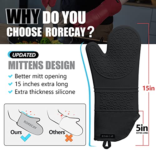 Rorecay Extra Long Oven Mitts and Pot Holders Sets: Heat Resistant Silicone Oven Mittens with Mini Oven Gloves and Hot Pads Potholders for Kitchen Baking Cooking, Quilted Liner, Black, Pack of 6
