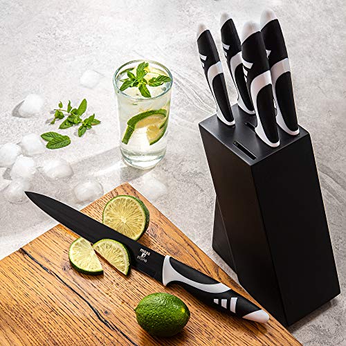 Moss & Stone Professional Kitchen Knife Chef Set, Knife Set With Block, Kitchen Knife Set Black Titanium Plated Stainless Steel Scratch Resistant And Rust Proof, 7pcs Sharp Kitchen Knives.
