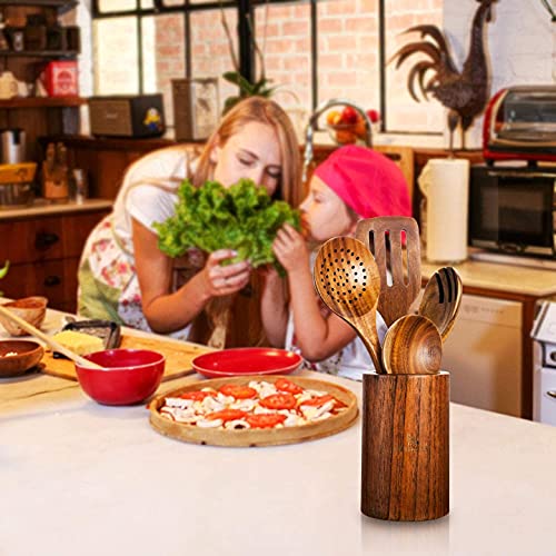 Fox Skills Wooden Kitchen Utensils - 11-Piece Cooking Set - Durable Natural Teak Wood Cookware with Non-Stick Finish - Includes Spoons, Spatulas, Display Holder, Spoon Rest, Cleaning Brush, Canvas Bag