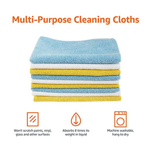 Amazon Basics Microfiber Cleaning Cloths, Non-Abrasive, Reusable and Washable - Pack of 24, 12 x16-Inch, Blue, White and Yellow