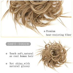 HMD Tousled Updo Messy Bun Hairpiece Hair Extension Ponytail with Elastic Rubber Band Updo Ponytail Hairpiece Synthetic Hair Extensions Scrunchies Ponytail Hairpieces for Women(Tousled Updo Bun, 12H24(light Brown Mix natural Blonde)）