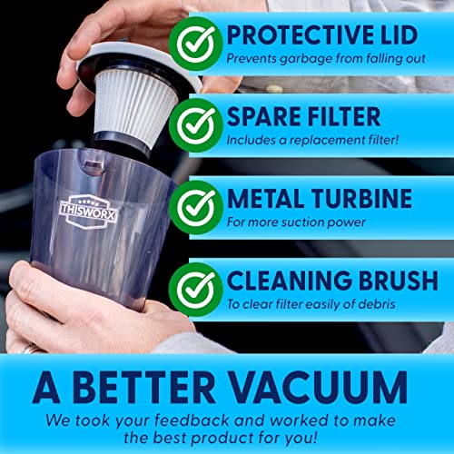 THISWORX Car Vacuum Cleaner - Portable, High Power, Mini Handheld Vacuum w/ 3 Attachments, 16 Ft Cord & Bag - 12v, Small Auto Accessories Kit for Interior Detailing - Black