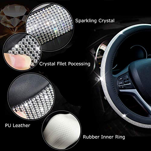 New Diamond Leather Steering Wheel Cover with Bling Bling Crystal Rhinestones, Universal Fit 15 Inch Car Wheel Protector for Women Girls,Black