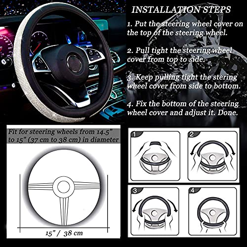 New Diamond Leather Steering Wheel Cover with Bling Bling Crystal Rhinestones, Universal Fit 15 Inch Car Wheel Protector for Women Girls,Black