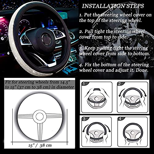 New Diamond Leather Steering Wheel Cover with Bling Bling Crystal Rhinestones, Universal Fit 15 Inch Car Wheel Protector for Women Girls,Black