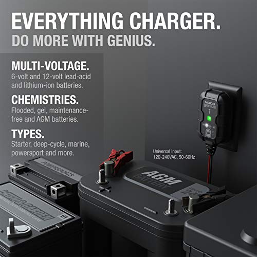 NOCO GENIUS1, 1A Fully-Automatic Smart Charger, 6V and 12V Portable Automotive Car Battery Charger, Battery Maintainer, Trickle Charger and Battery Desulfator with Temperature Compensation