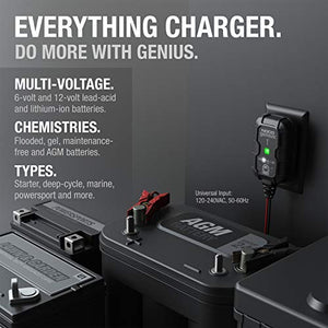 NOCO GENIUS1, 1A Fully-Automatic Smart Charger, 6V and 12V Portable Automotive Car Battery Charger, Battery Maintainer, Trickle Charger and Battery Desulfator with Temperature Compensation