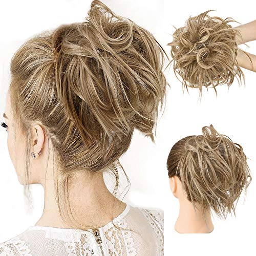 HMD Tousled Updo Messy Bun Hairpiece Hair Extension Ponytail with Elastic Rubber Band Updo Ponytail Hairpiece Synthetic Hair Extensions Scrunchies Ponytail Hairpieces for Women(Tousled Updo Bun, 12H24(light Brown Mix natural Blonde)）