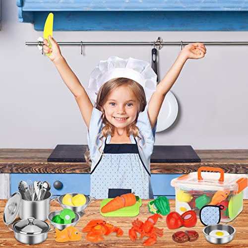 PRAJNASYS Kitchen Pretend Play Accessories Toys,Cooking Set with Stainless Steel Cookware Pots and Pans Set, Cooking Utensils, Apron & Chef Hat and Cutting Play Food Gifts for Kids Toddlers Boys Girls