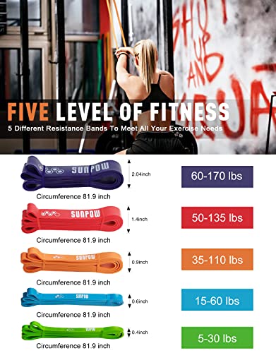 SUNPOW Pull Up Assistance Bands - Set of 5 Resistance Heavy Duty Workout Exercise Crossfit Stretch Fitness Bands Assist Set for Body, Instruction Guide and Carry Bag Included