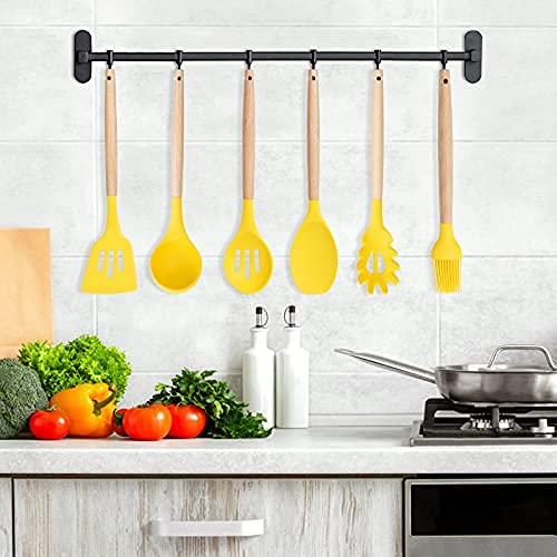 mossFlos Kitchen Cooking Utensils Set, 12 pcs Non-Stick Silicone Cooking Kitchen Utensils with Holder, Heat Resistant Kitchen Gadgets Utensil Set,Yellow