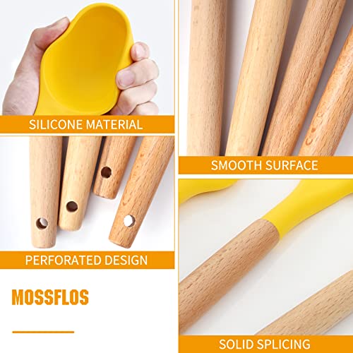 mossFlos Kitchen Cooking Utensils Set, 12 pcs Non-Stick Silicone Cooking Kitchen Utensils with Holder, Heat Resistant Kitchen Gadgets Utensil Set,Yellow