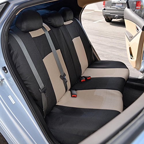 BDK PolyPro Car Seat Covers Full Set in Beige on Black – Front and Rear Split Bench Car Seat Cover, Easy to Install, Interior Covers for Auto Truck Van SUV