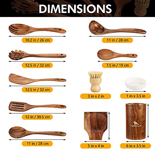 Fox Skills Wooden Kitchen Utensils - 11-Piece Cooking Set - Durable Natural Teak Wood Cookware with Non-Stick Finish - Includes Spoons, Spatulas, Display Holder, Spoon Rest, Cleaning Brush, Canvas Bag