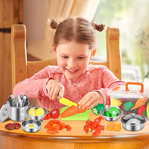 PRAJNASYS Kitchen Pretend Play Accessories Toys,Cooking Set with Stainless Steel Cookware Pots and Pans Set, Cooking Utensils, Apron & Chef Hat and Cutting Play Food Gifts for Kids Toddlers Boys Girls
