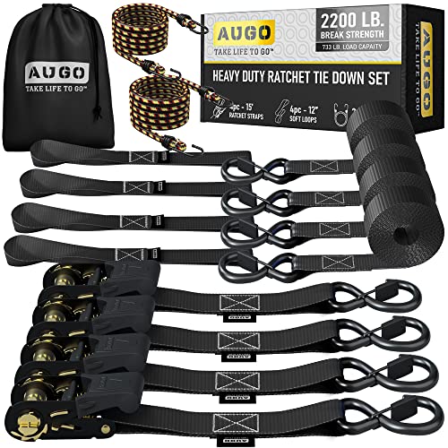 AUGO Ratchet Tie Down Straps –4 PK– 15 FT – 2,200 LB Break Strength – Safety Lock S Hooks –for Moving Cargo, Appliances, Lawn Equipment, Motorcycle – Includes 2 Bungee Cords, 4 Soft Loops, Storage Bag