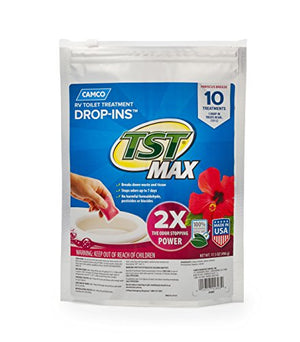 Camco TST MAX RV Toilet Treatment Drop-INs | Control Unwanted Odors and Break Down Waste and Tissue | Septic Tank Safe | Hibiscus Breeze Scent | 10-pack (41603)