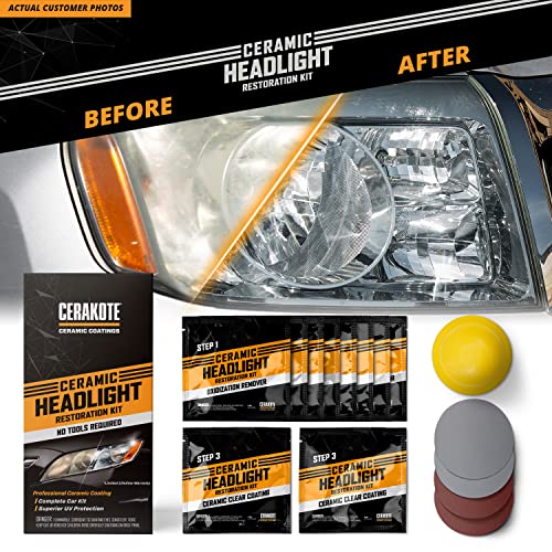 CERAKOTE Ceramic Headlight Restoration Kit – Guaranteed to Last As Long As You Own Your Vehicle – Brings Headlights Back to Like New Condition - 3 Easy Steps - No Power Tools Required