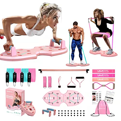 LALAHIGH Push Up Board, Portable Home Workout Equipment for Women & Men, 30 in 1 Home Gym System with Pilates Bar, Resistance Band, Booty Bands, Pushup Stands for Body Shaping - Pink Series